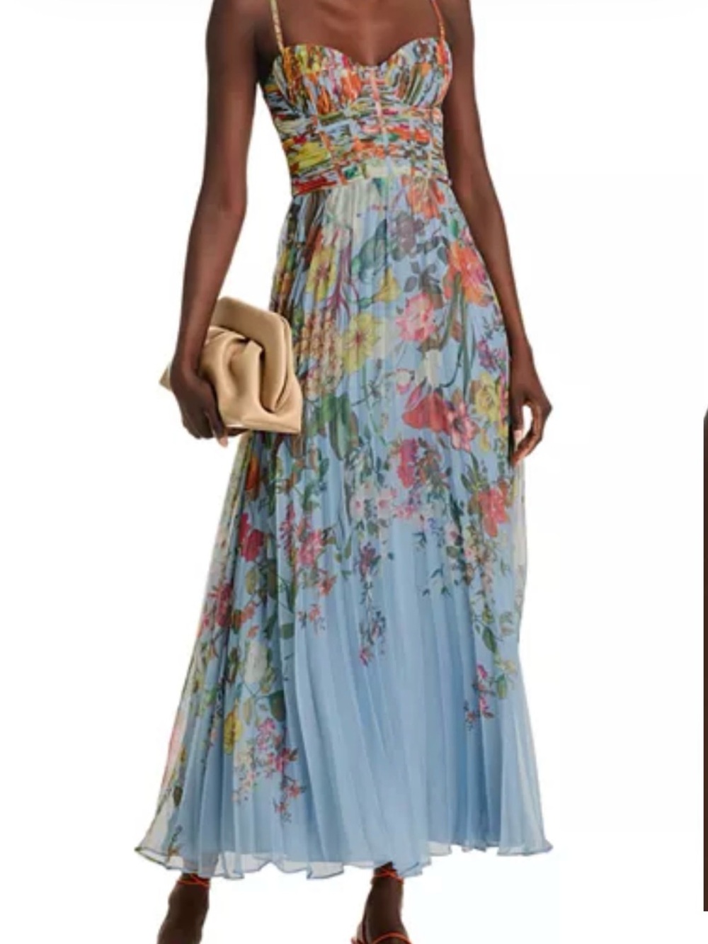 Aqua Floral Pleated Maxi Dress in Light Blue